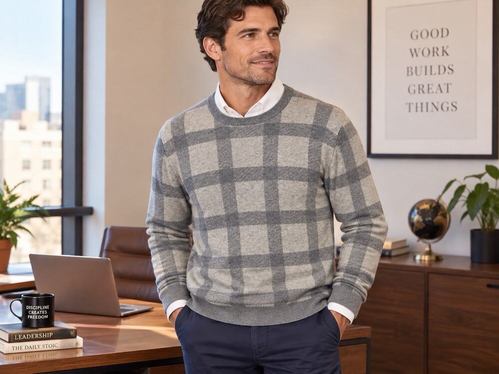 Tommy Hilfiger Men Sz L Gray Buffalo Plaid Sweater 81% Lambs Wool Cotton Preppy
